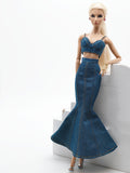 C080 - Denim Fishtail Maxi Skirt For 12" Fashion Dolls Like Fashion Royalty FR Poppy Parker – Black/Blue/Dark Blue