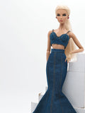 C080 - Denim Fishtail Maxi Skirt For 12" Fashion Dolls Like Fashion Royalty FR Poppy Parker – Black/Blue/Dark Blue