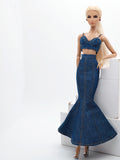 C080 - Denim Fishtail Maxi Skirt For 12" Fashion Dolls Like Fashion Royalty FR Poppy Parker – Black/Blue/Dark Blue