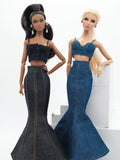 C080 - Denim Fishtail Maxi Skirt For 12" Fashion Dolls Like Fashion Royalty FR Poppy Parker – Black/Blue/Dark Blue