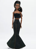 C080 - Denim Fishtail Maxi Skirt For 12" Fashion Dolls Like Fashion Royalty FR Poppy Parker – Black/Blue/Dark Blue