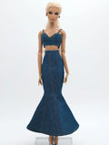 C080 - Denim Fishtail Maxi Skirt For 12" Fashion Dolls Like Fashion Royalty FR Poppy Parker – Black/Blue/Dark Blue