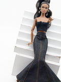 C080 - Denim Fishtail Maxi Skirt For 12" Fashion Dolls Like Fashion Royalty FR Poppy Parker – Black/Blue/Dark Blue