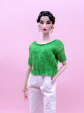 Handmade by Jiu 051 - Green Knitting Sweater Short Sleeve Patterned Top For 12“ Dolls Like Fashion Royalty FR Poppy Parker PP Nu Face