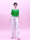 Handmade by Jiu 051 - Green Knitting Sweater Short Sleeve Patterned Top For 12“ Dolls Like Fashion Royalty FR Poppy Parker PP Nu Face