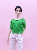 Handmade by Jiu 051 - Green Knitting Sweater Short Sleeve Patterned Top For 12“ Dolls Like Fashion Royalty FR Poppy Parker PP Nu Face
