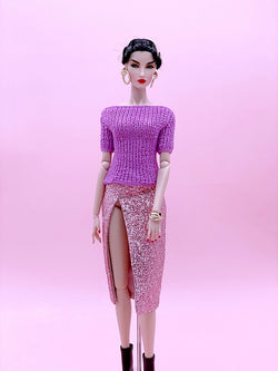 Handmade by Jiu 052 - Purple Knitting Sweater Short Sleeve Boat Neck Top For 12“ Dolls Like Fashion Royalty FR Poppy Parker Nu Face