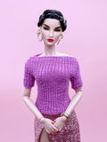 Handmade by Jiu 052 - Purple Knitting Sweater Short Sleeve Boat Neck Top For 12“ Dolls Like Fashion Royalty FR Poppy Parker Nu Face