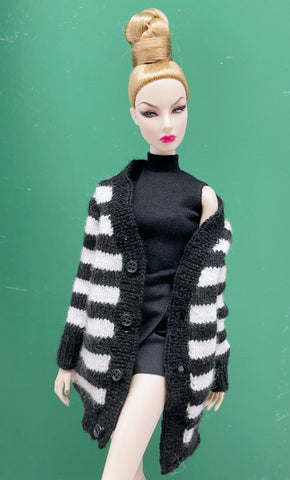 Handmade by Jiu 036 - Black/White Stripes Cardigan Sweater For 12“ Dolls Like Fashion Royalty FR Poppy Parker PP Nu Face NF
